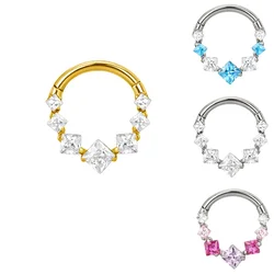 G23 Titanium EAR Nose Ring PIERC with 5 Square Zircon Ring Hoop Face Hinged Segment Clicker Labret Cartilage Piercing Jewelry
