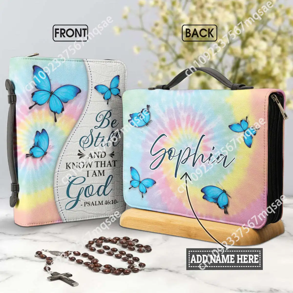 

Tie Dye Butterflies Bible Cover Case for Women Personalise Leather Bible Bag Zippered Handle Handbags Portable Bible Storage Bag