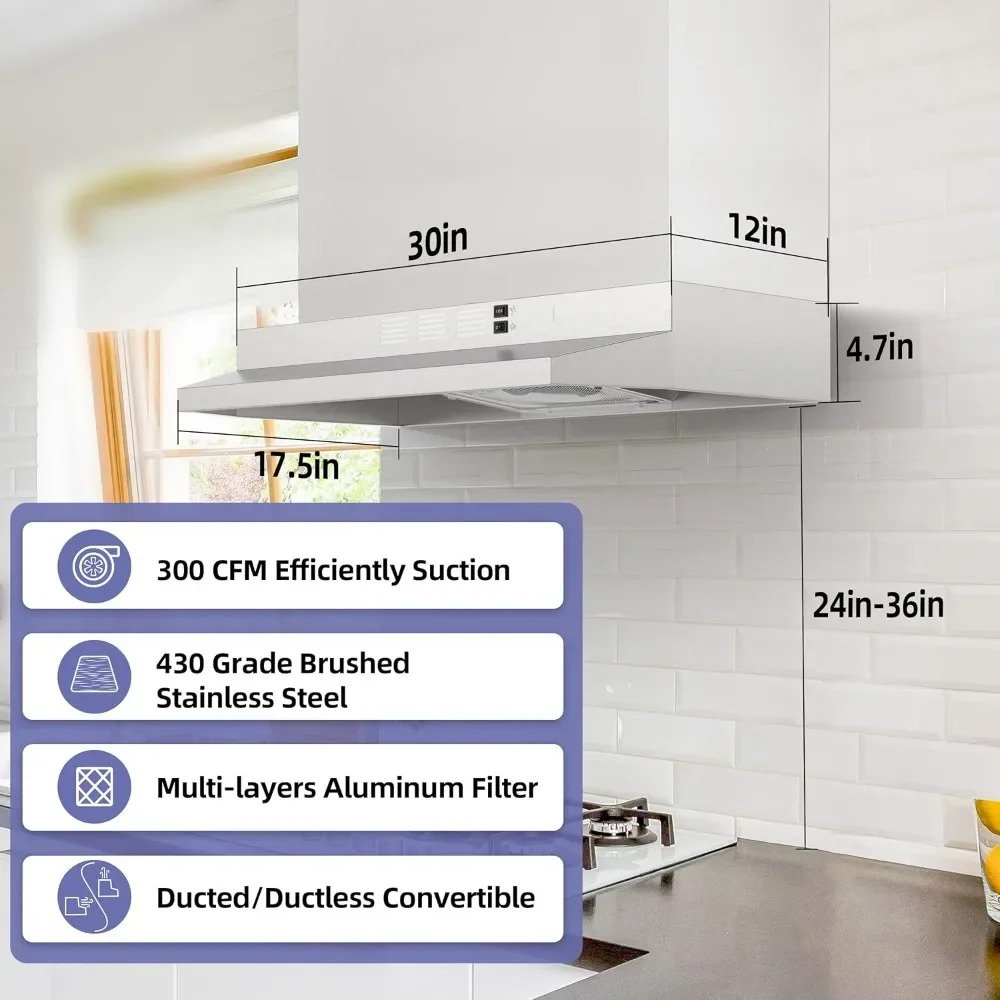 30 inch Range Hood Under Cabinet, Ducted/Ductless Convertible Stainless Steel Kitchen Range Hood with Rocker Button