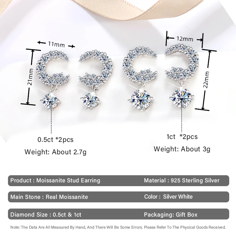 D Color 0.5-1CT Moon Shape Moissanite Diamond Drop Earrings for Women 925 Sterling Silver Luxury Quality Wedding Party Jewelry