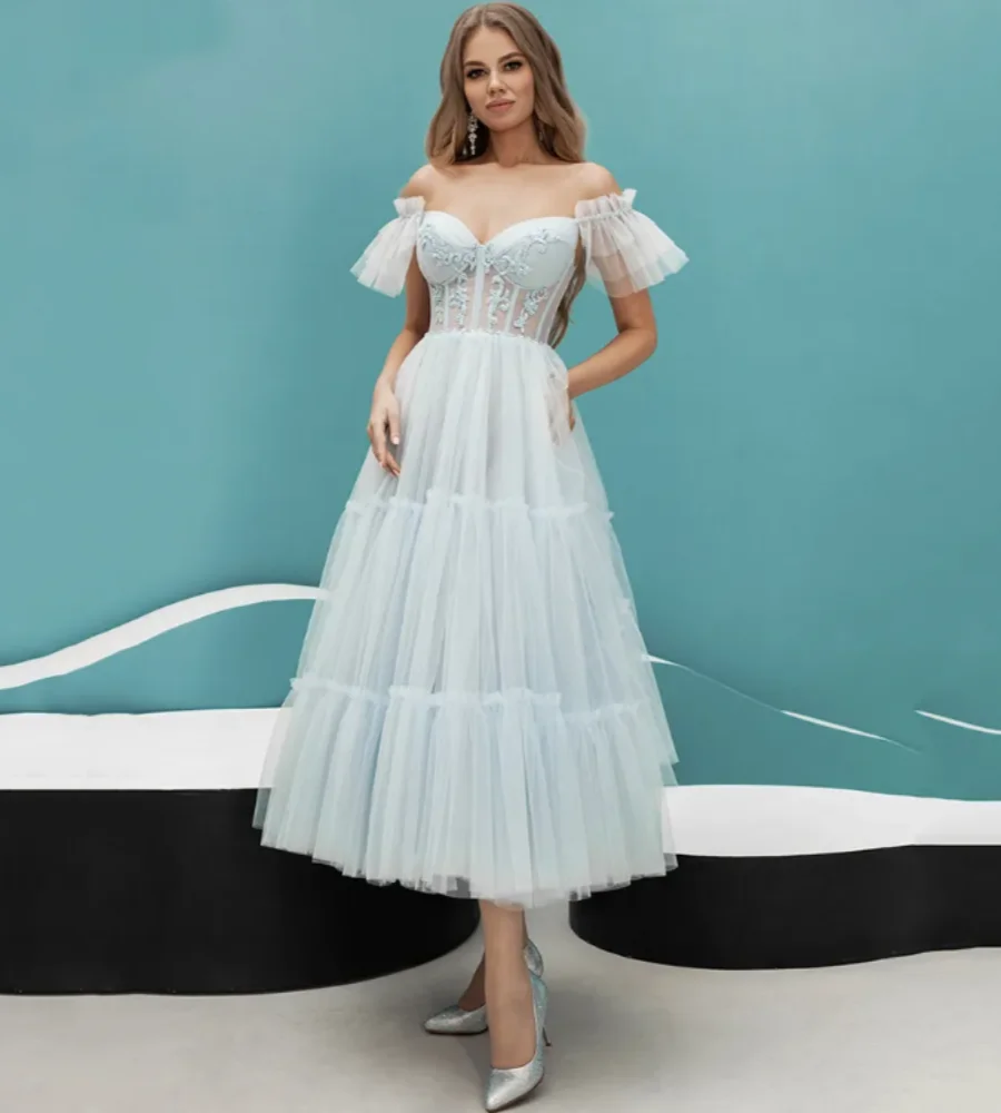 

Evening Party Gown Puff Sleeves Sweetheart Light Blue Short Prom Dress Off The Shoulder A Line Tulle Tiered Tea Length