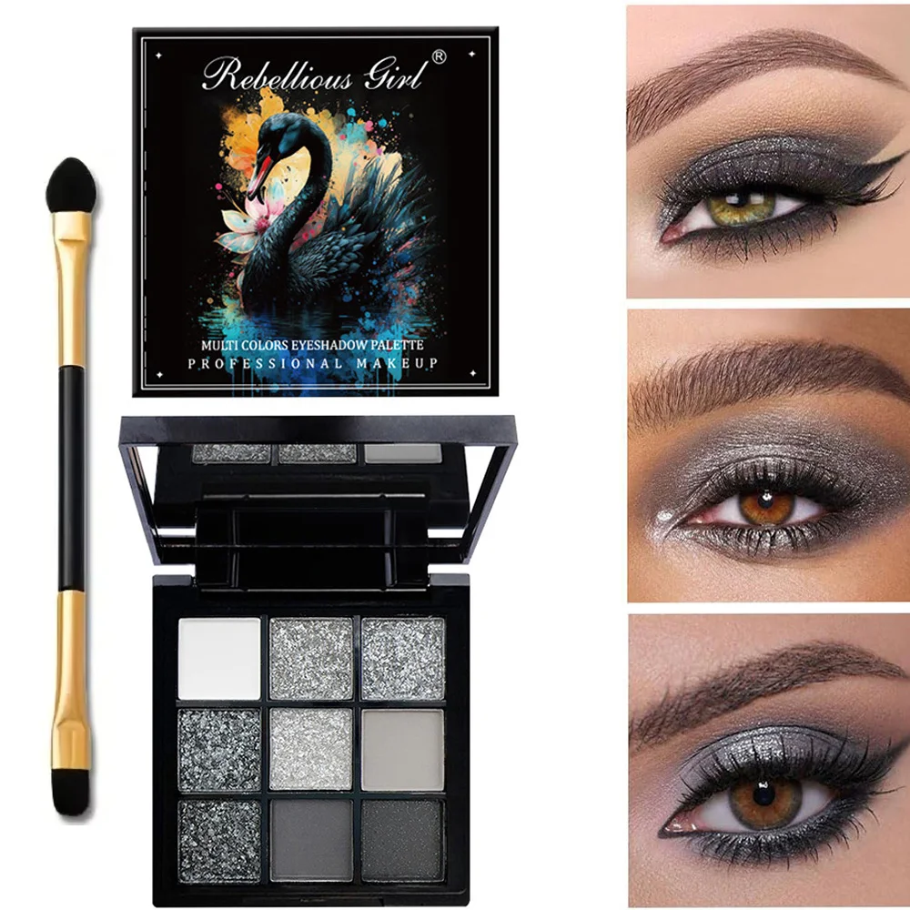 9색 아이섀도 팔레트: 블랙 스완, 스모키, 다크 블랙, 그레이 실버 글리터, 매트 피니시, 지속력 좋고 발색 용이