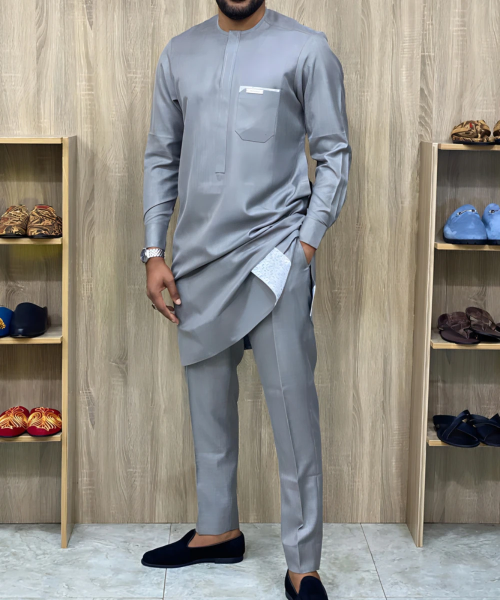 African Men Party Suit Two Piece Set Round Collar Long Sleeves Pocket Splice Top Pants Africa Summer Simple Outfits Gentleman