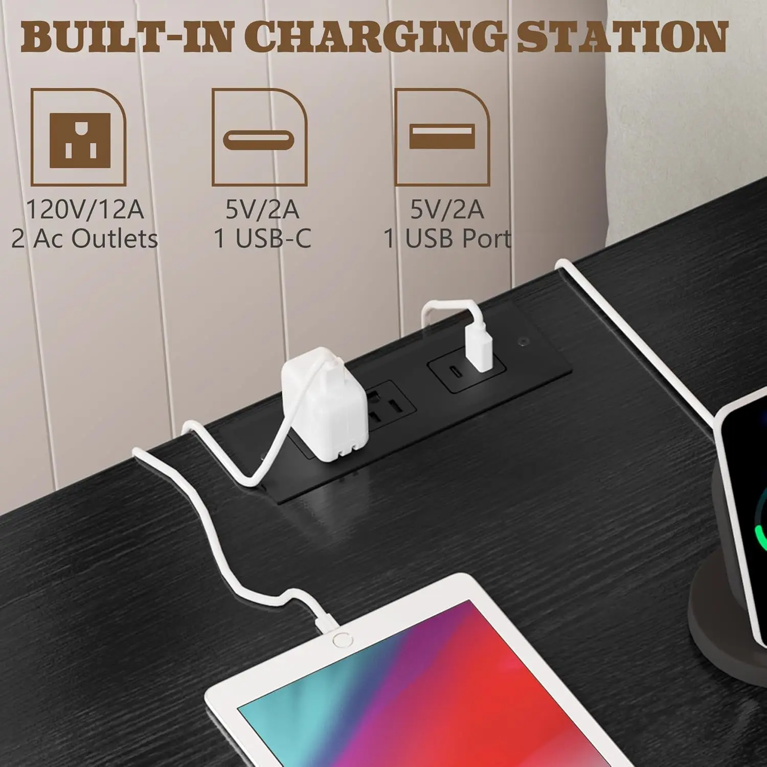 21.7W ファームハウスナイトスタンド 2個セット、ホワイトウッドサイドテーブル、引き出し3つと充電ステーション付き、寝室用モダンベッドサイドキャビネット