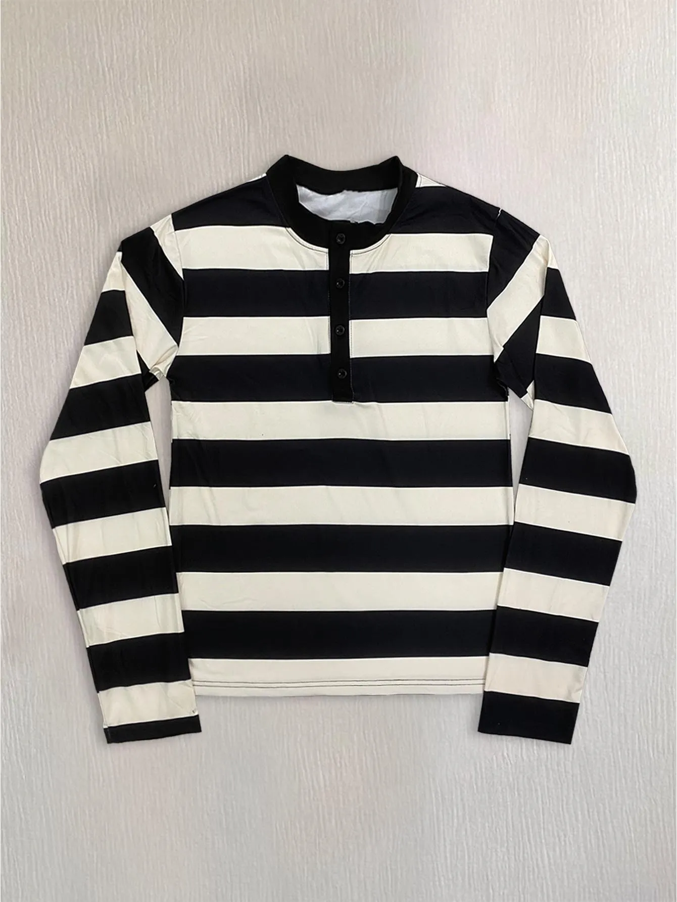 Y2K Punk Black Grey Horizontal Stripe Henley Tee Raw Edge Half Button Long Sleeve Shirt