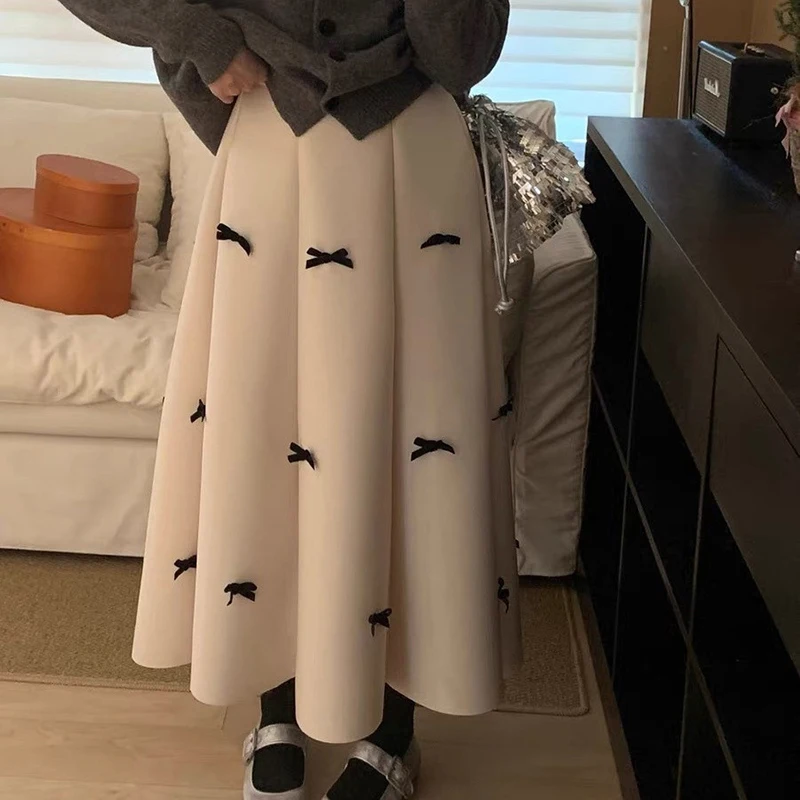 Sweet 3D Bow Skirts Women Fall Winter High Waist Folds Loose Midi Skirt Fashion Chic All Match Fall Female A Line Skirts New