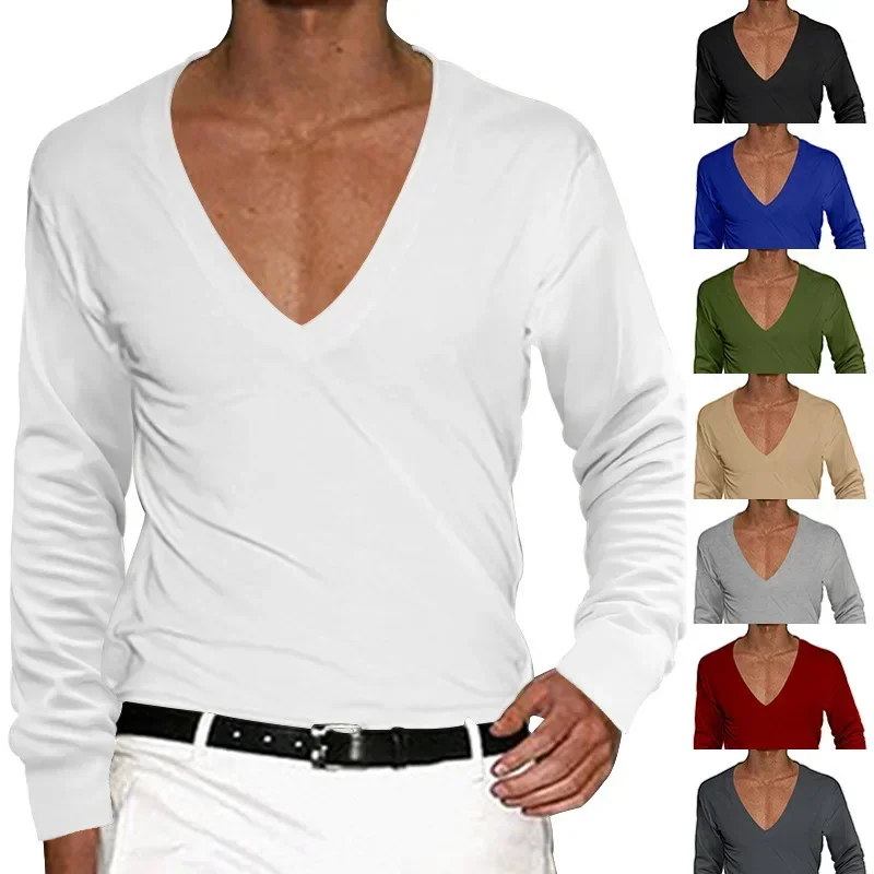 2024 Men's T-Shirt Summer Shirts Low Cut Deep V Neck Comfortable Shirt Tops Men's Long Sleeve Casual Pullover Sexy Slim Fit Tees