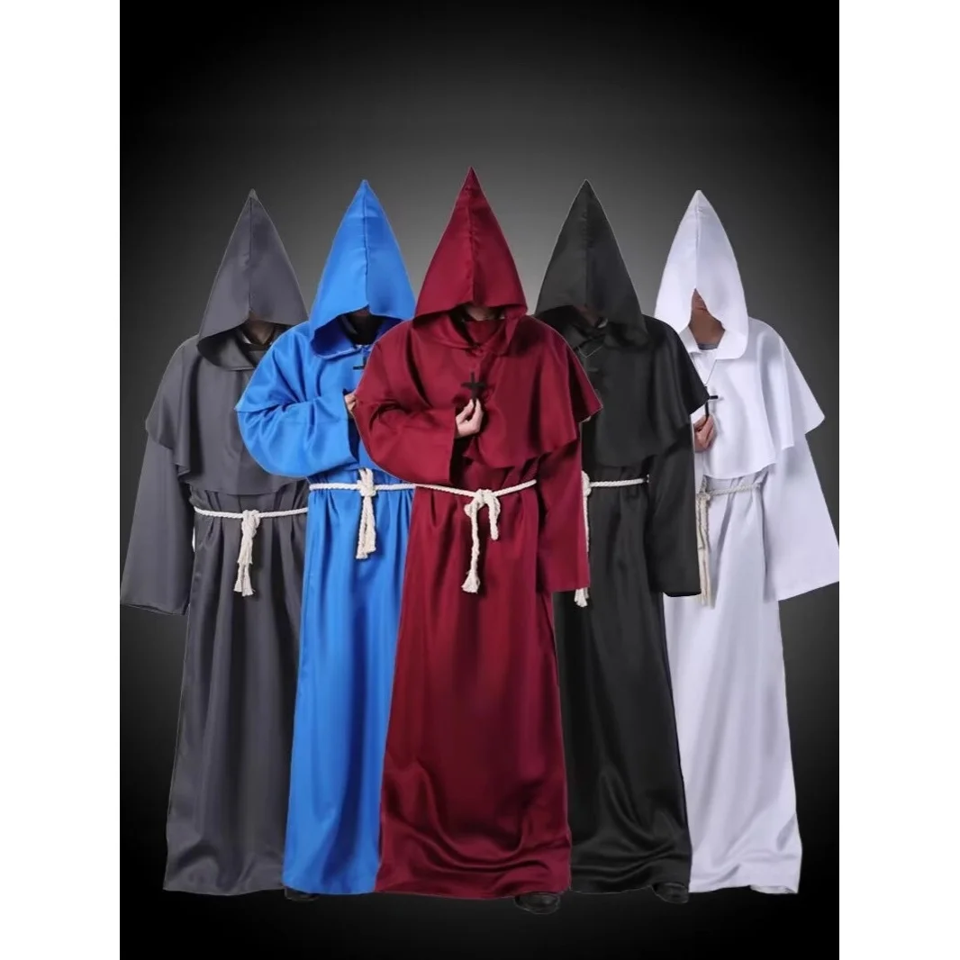 

2026 New Medieval Priest Wizard Costume Long Coat Monastic Robe Halloween Cosplay Men Women Universal Court Style Polyester
