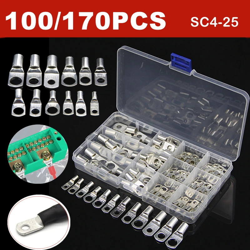 

100/170Pcs SC Bare Tinned Copper Lug Terminals Ring Seal Wire Connectors Crimped/Soldered Terminal Assortment Kit