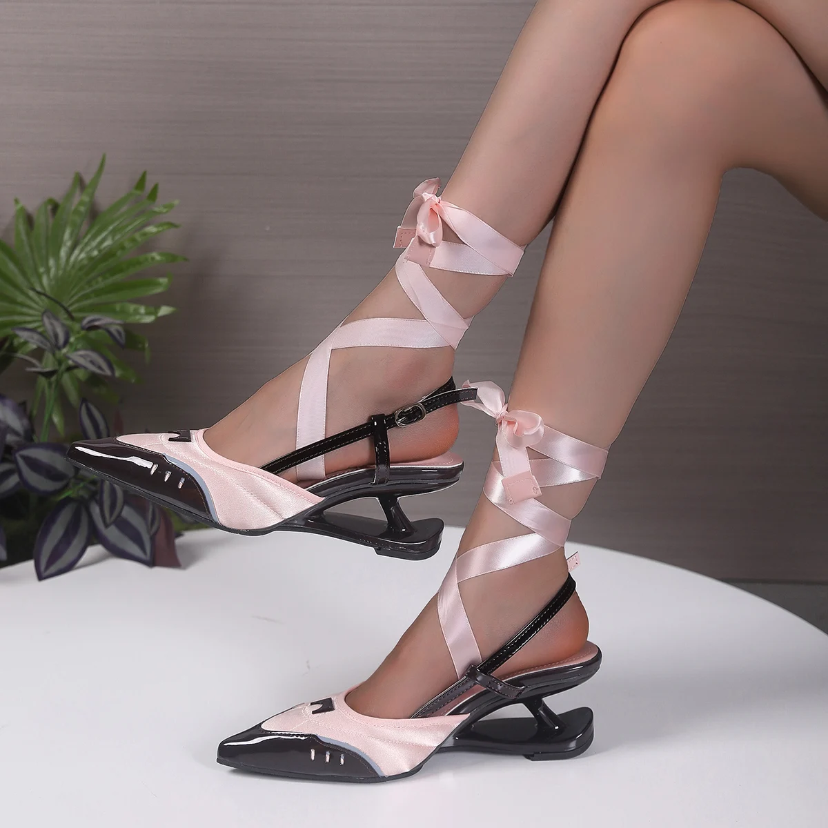Sporty Pointed Toe High Heels Women's New Women's Colorblock Versatile Breathable Mesh Strappy Single Shoes