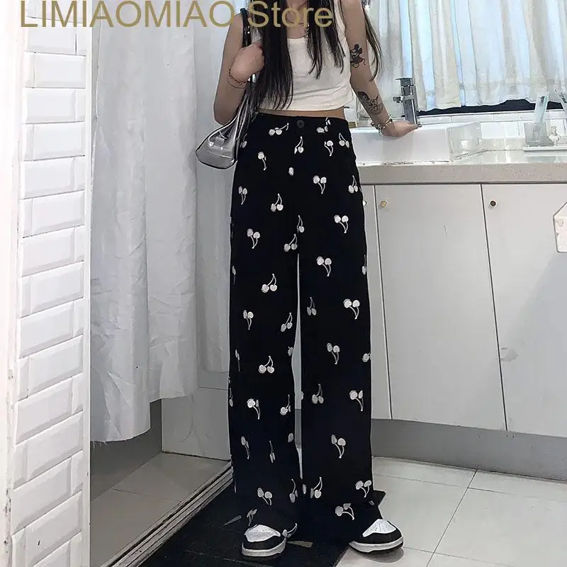 

New Summer Loose Wide Leg High Waist Trousers Full Length Pants Casual Black Pantalones Women Straight Cherry Print Korean