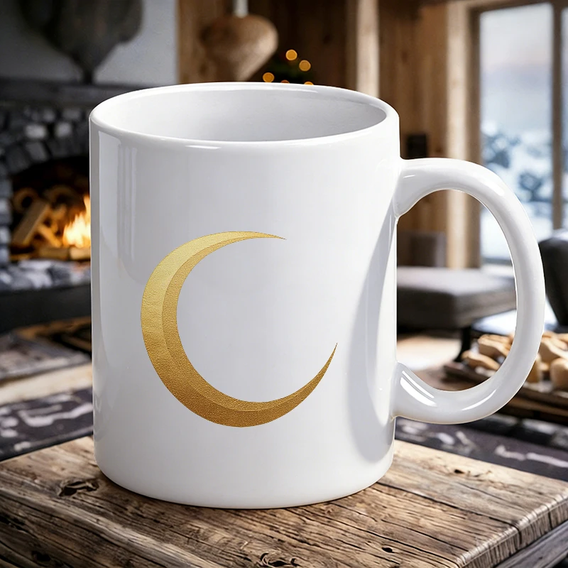 

Minimalist Gold Crescent Moon Mug Celestial Print Ceramic Coffee Cup, Milk Cup, Office Tea Cup, Gift for Friends, Fade-Resistant
