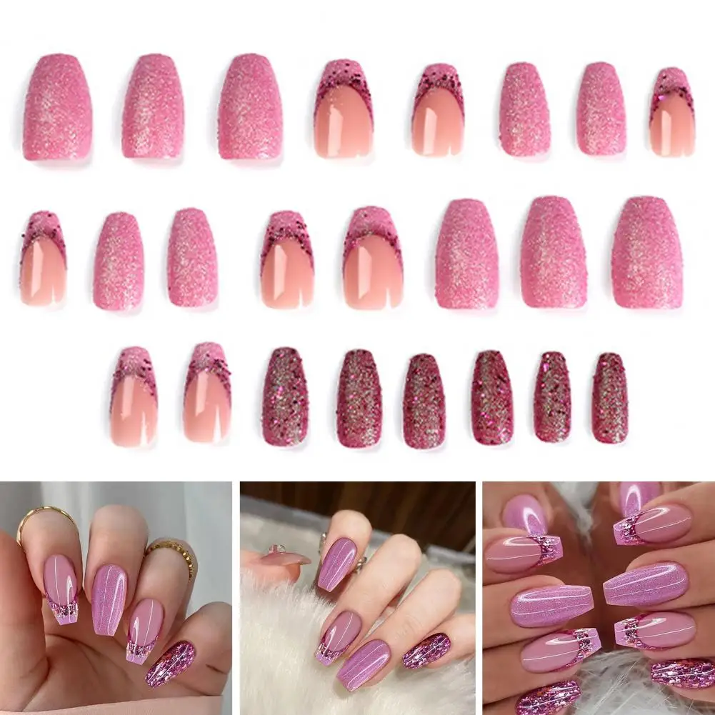 Women False Nails with Glue press on nails Pink Glitter Gel Fake Nails French Sequined Manicure Tips DIY Nail Art Kit