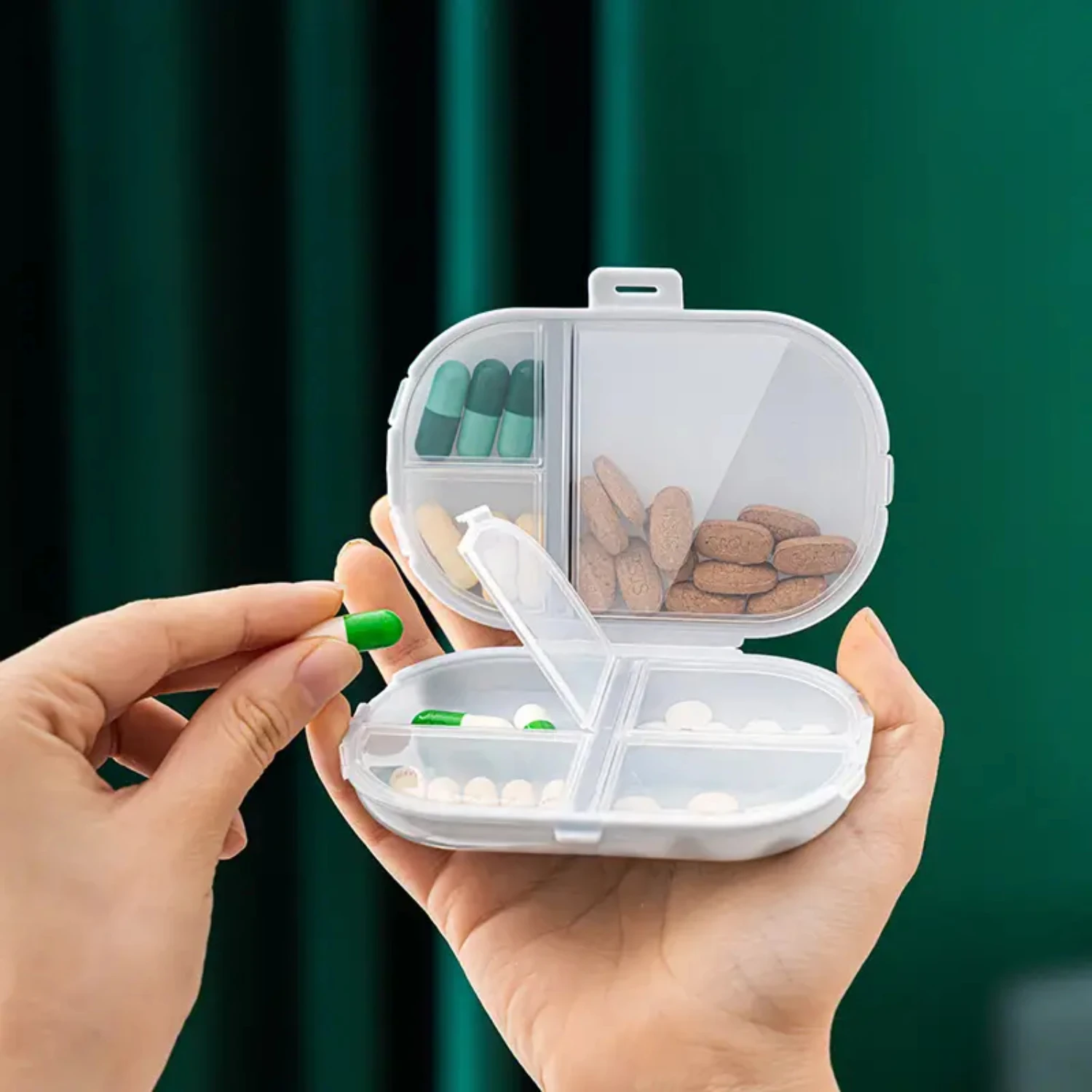 Functional and stylish BPA-Free 7-day weekly pill case with secure snap closure, transparent lid, easy-to-open slots, and non-sl