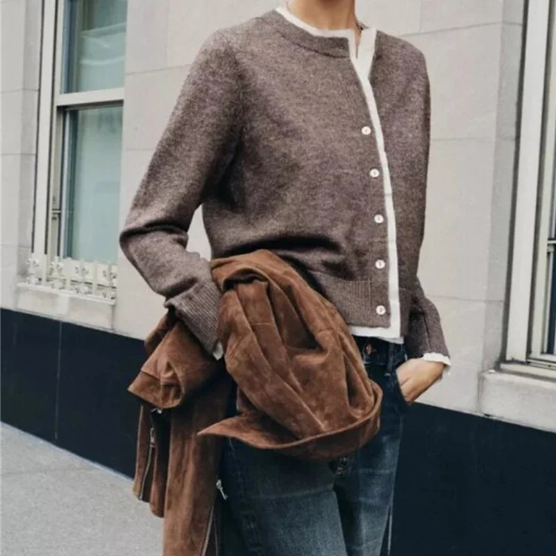 

Вязаный свитер с открытой строчкой на пуговицах, простой стиль, с длинными рукавами, модный круглый вырез, осень-зима, теплая уличная одежда, офисные женские топы