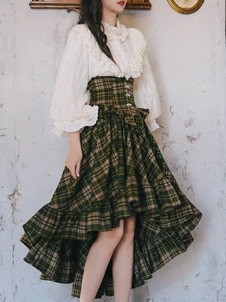 

Elegant Court Style Two-piece Sets Lace Lantern Sleeve Shirt Victorian Retro High Waist Slim Swallowtail Large Swing Plaid Skirt