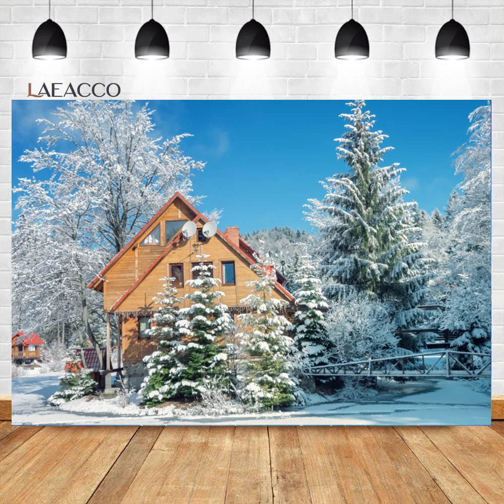 Laeacco Winter Snow Backdrop Wooden House Outdoors Natural Mountains Scene Kid Adult Christmas Portrait Photography Background