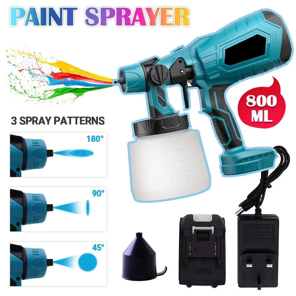 800ML Cordless Paint Sprayer HVLP Electric Spray Gun Flow Control Auto Furniture Steel Coating Airbrush for Makita 18V Battery