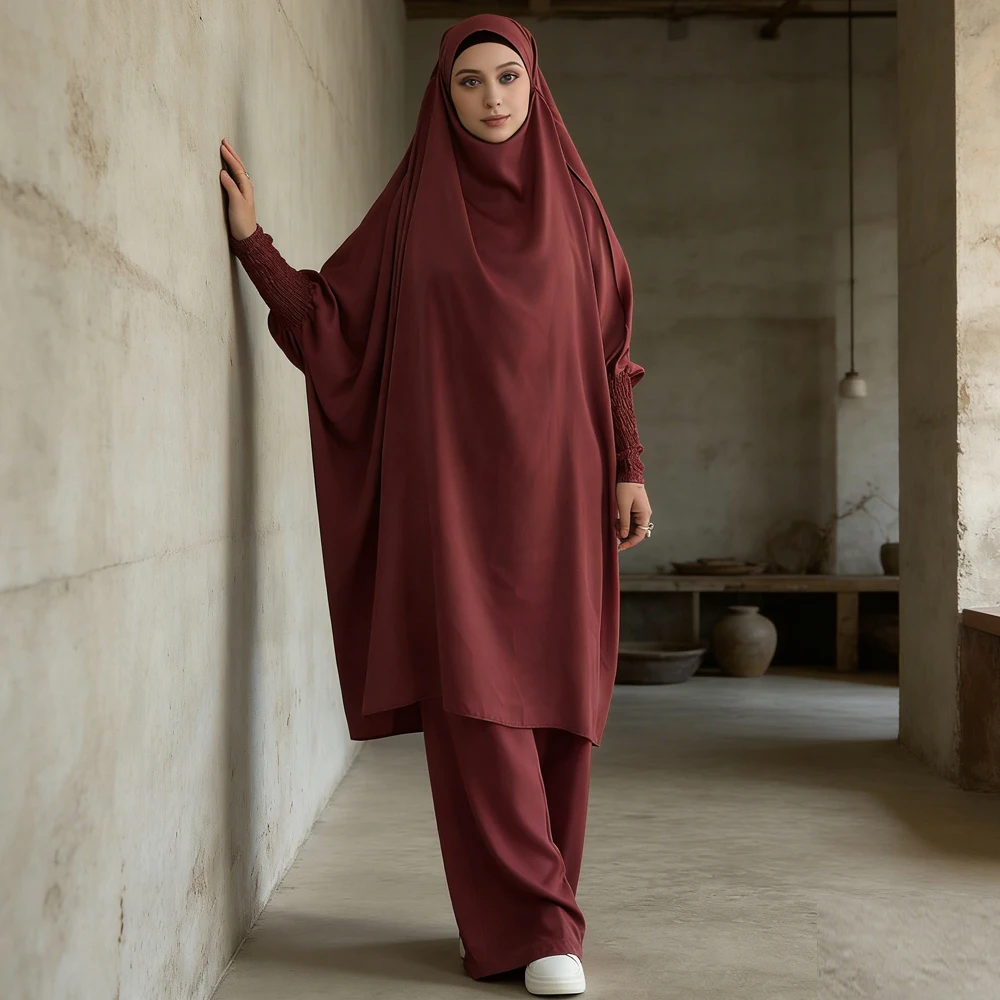 

Eid Khimar Pants 2 Piece Set Women Abaya Muslim Tops Robe Ramadan Kaftan Djellaba Musulman Ensembles Prayer Garment Jalabiya