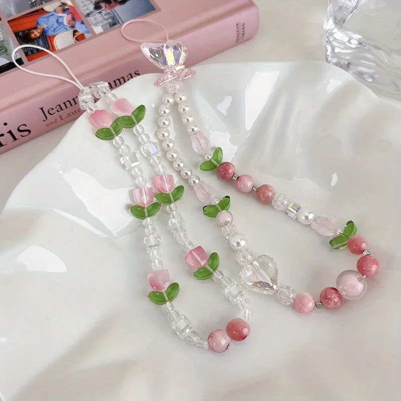 Pfirsichfarbene Perlen-Handy-Charm-Riemenkette, süßer Mädchenschmuck für Frauen, Perlen-Handy-Blumen-Lanyard für iPhone-Schlüsselanhänger