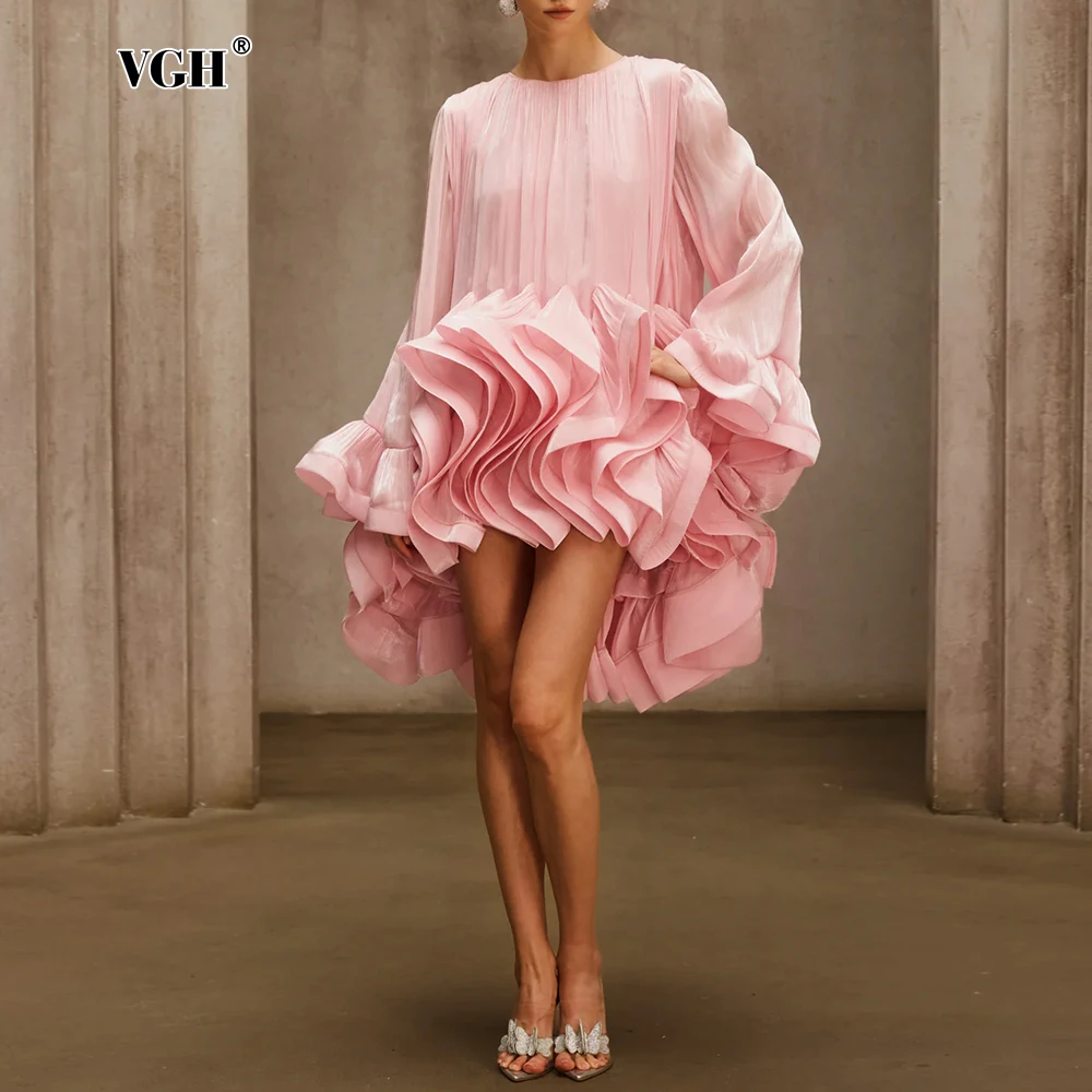 VGH Pink Loose Spliced Folds Chic Dresses for Women O Neck Long Sleeve Elegant Intellectual Dress Female Summer Fashion Style