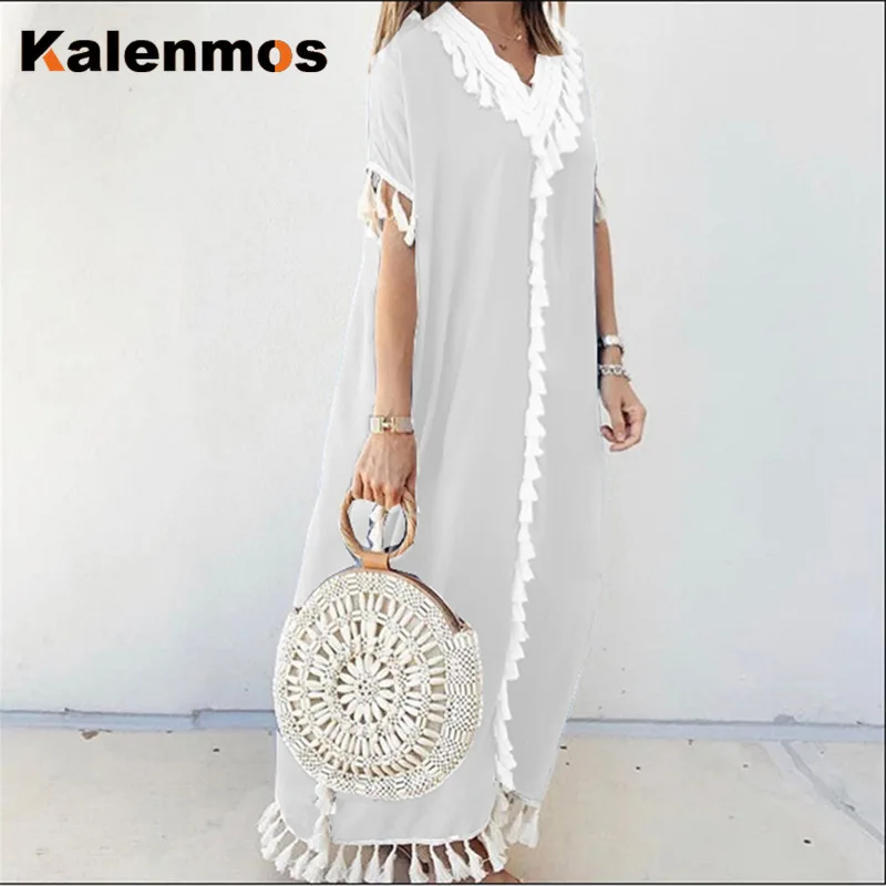 Dubai Turkey Muslim Caftan Abaya Dress Women Boho Summer Tassel Moroccan Kaftan Sundress Islamic Clothing Casual Loose Musulman