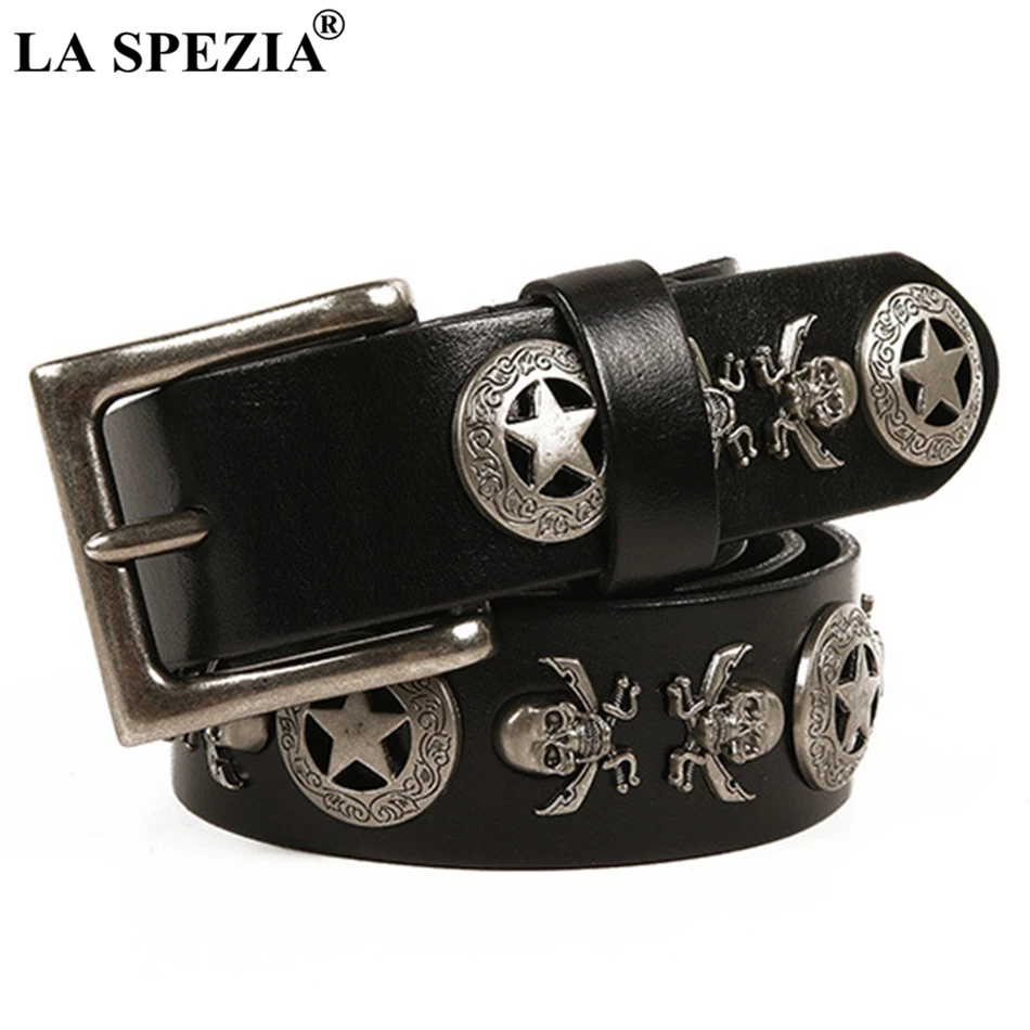 LA SPEZIA-cinturón cuadrado de piel de vaca auténtica para hombre, cinturón con hebilla de Pin, Calavera negra, accesorios Punk Rock