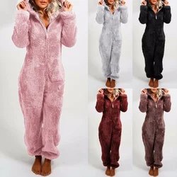 Custom Women's Fashion Long Sleeve Hooded Faux Fur Jumpsuit Pajamas Casual Winter Warm Solid Color Cute Bear Rompers Homewear