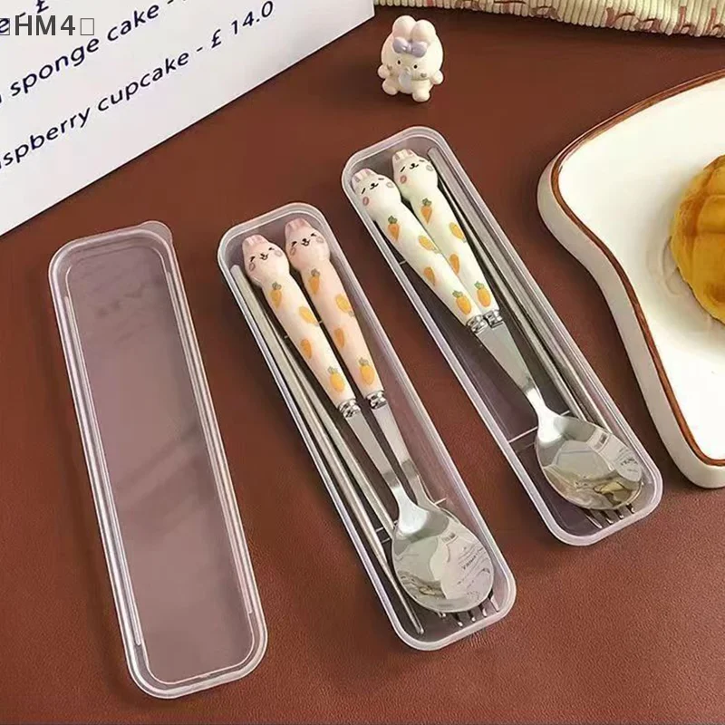 ómHM4 Parque3pcs Schattig Konijn Kinderen Lepel Vorken Eetstokjes Met Doos Roestvrij Stalen Bestek Draagbare Gebruiksvoorwerpen Servies Set