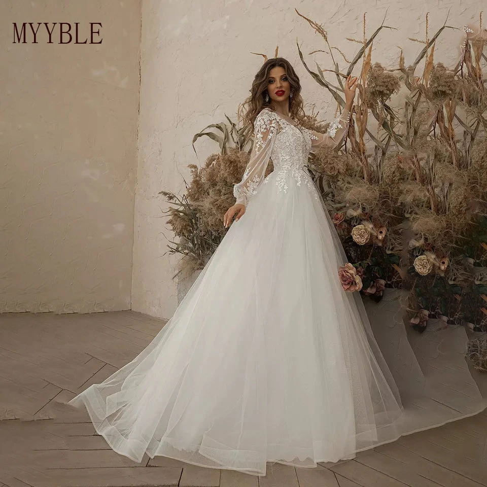 Mode ElfenbeinCustomized Brautkleid Langarm Vestidos De Novia Applikationen Weiß Dame Braut Kleider Robe De Mariée Prinzessin