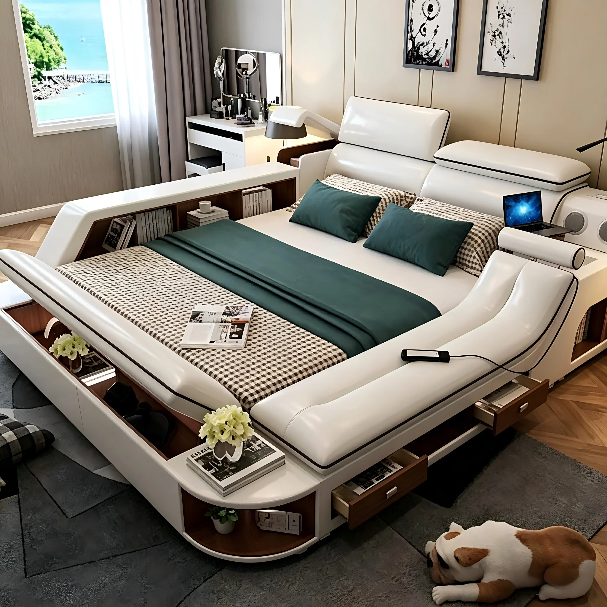 MS-KEHUI Frame Single Smart Bed for Multi Tech Headboards Smart Bed with Functional king Queen Size Modern Leather Smart Bed&