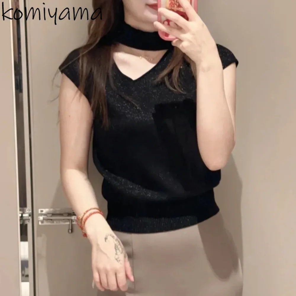 

Japan Elegant Knit Ropa De Mujer Halter Hollow Out Woman Clothing Summer Sleeveless Roupas New Clothes Gentle Sweater Top