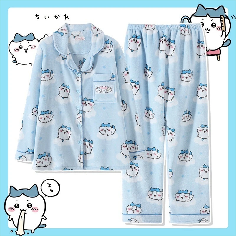 

Chiikawa Winter Cute Women's Pajama Set Velet Plush Keep Warm Funny Cartoon Long Sleeved Tops Pants Girls Home Clothes Autumn