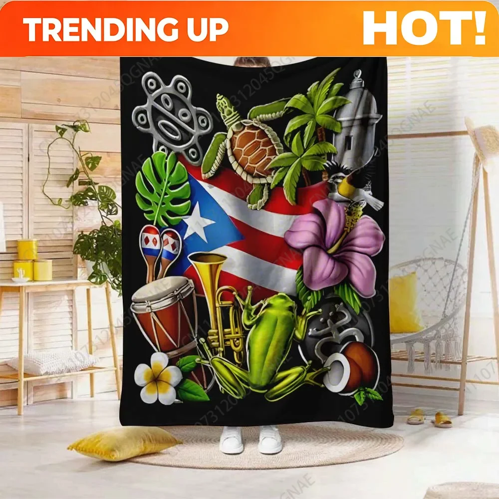 Custom 1pc Puerto Rican Flag & Tropical Design Flannel Blanket - Soft Warm All-Season Throw With Trombones, Palm Trees, Hibiscus