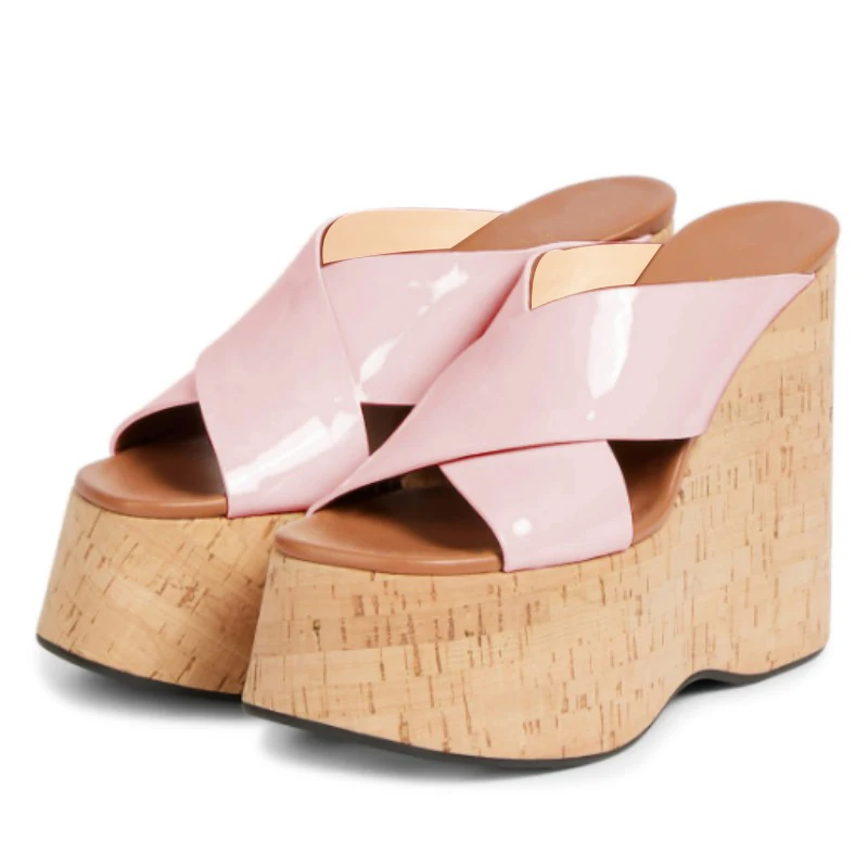 

SHOFOO Модные женские тапочки на высоком каблуке. Розовые лакированные тапочки. Высота каблука около 15 см. Расширенные тапочки на танкетке