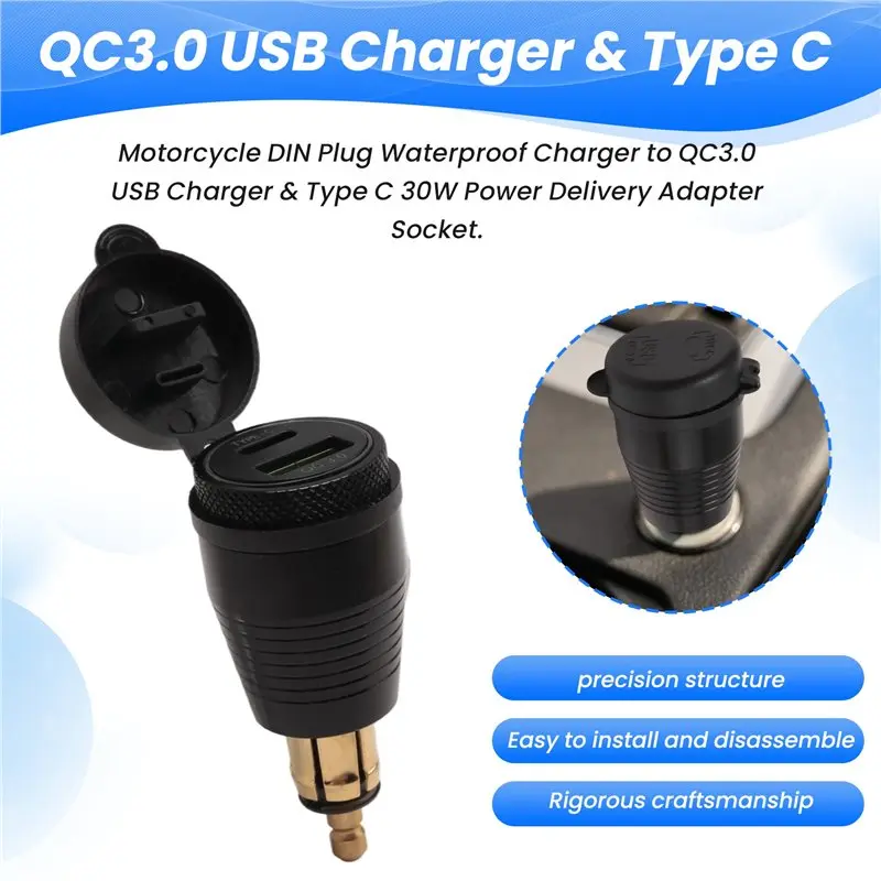 Reliable Motorcycle DIN Plug Waterproof To QC3.0 USB & Type C 30W Power Delivery Adapter Socket