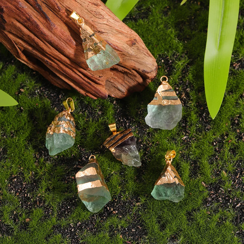 5Pcs Green Crystal Stone Pendants, Irregular Raw Crystal Nuggets Charms with Gold Edge, Mixed Bulk Gemstone Quartz Agate Drop