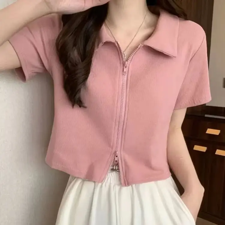 

Double Zipper Polo Neck Pink Short Sleeve T-shirt Women Summer Niche Design Cropped Cardigan Sexy Tops Spice Girl Streetwear