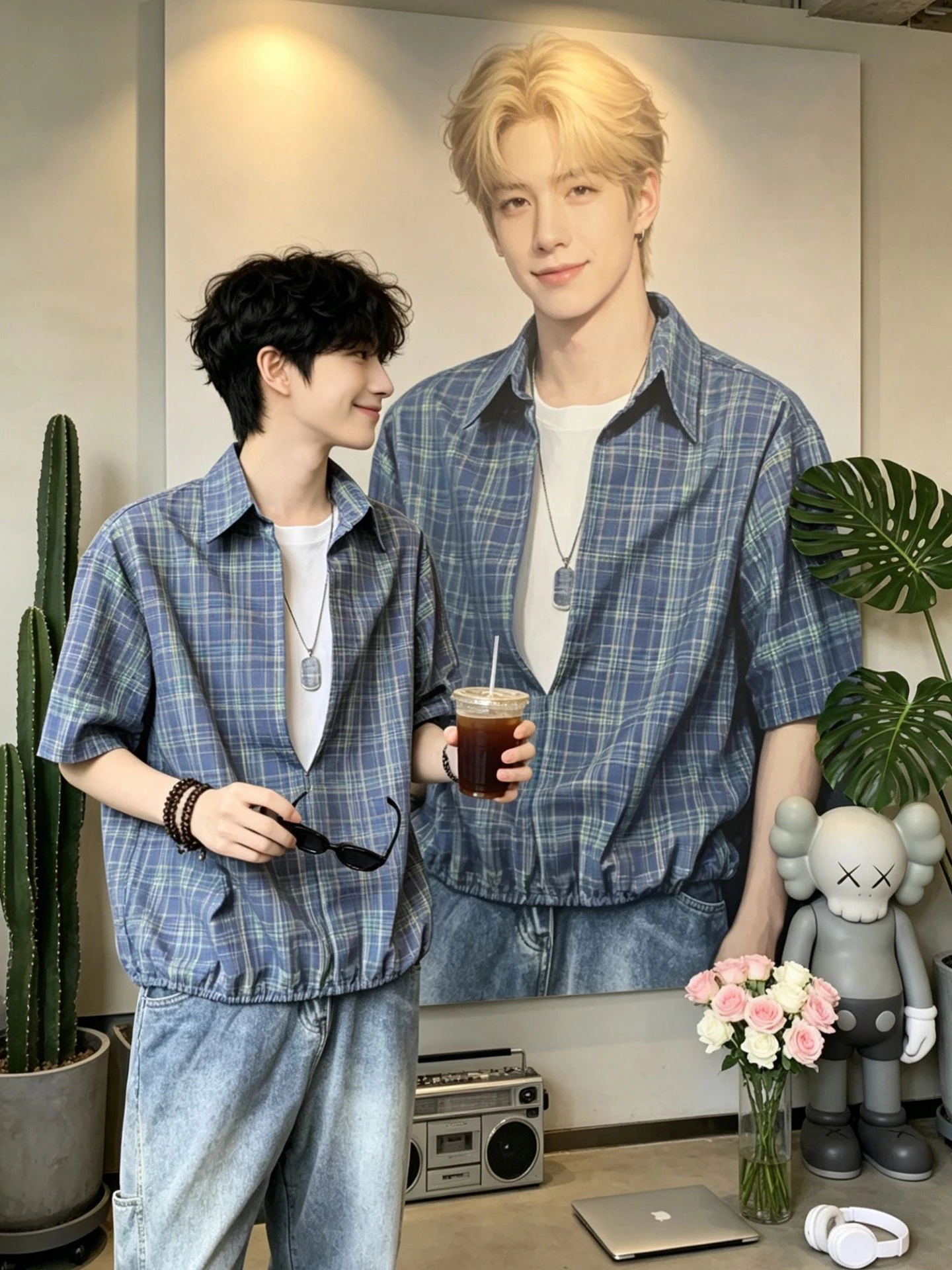 

Blue Plaid Short Sleeve V-Neck Shirt Men's Summer American Design Waist-Cinching Sun Protection Outerwear Breathable Loose Fit