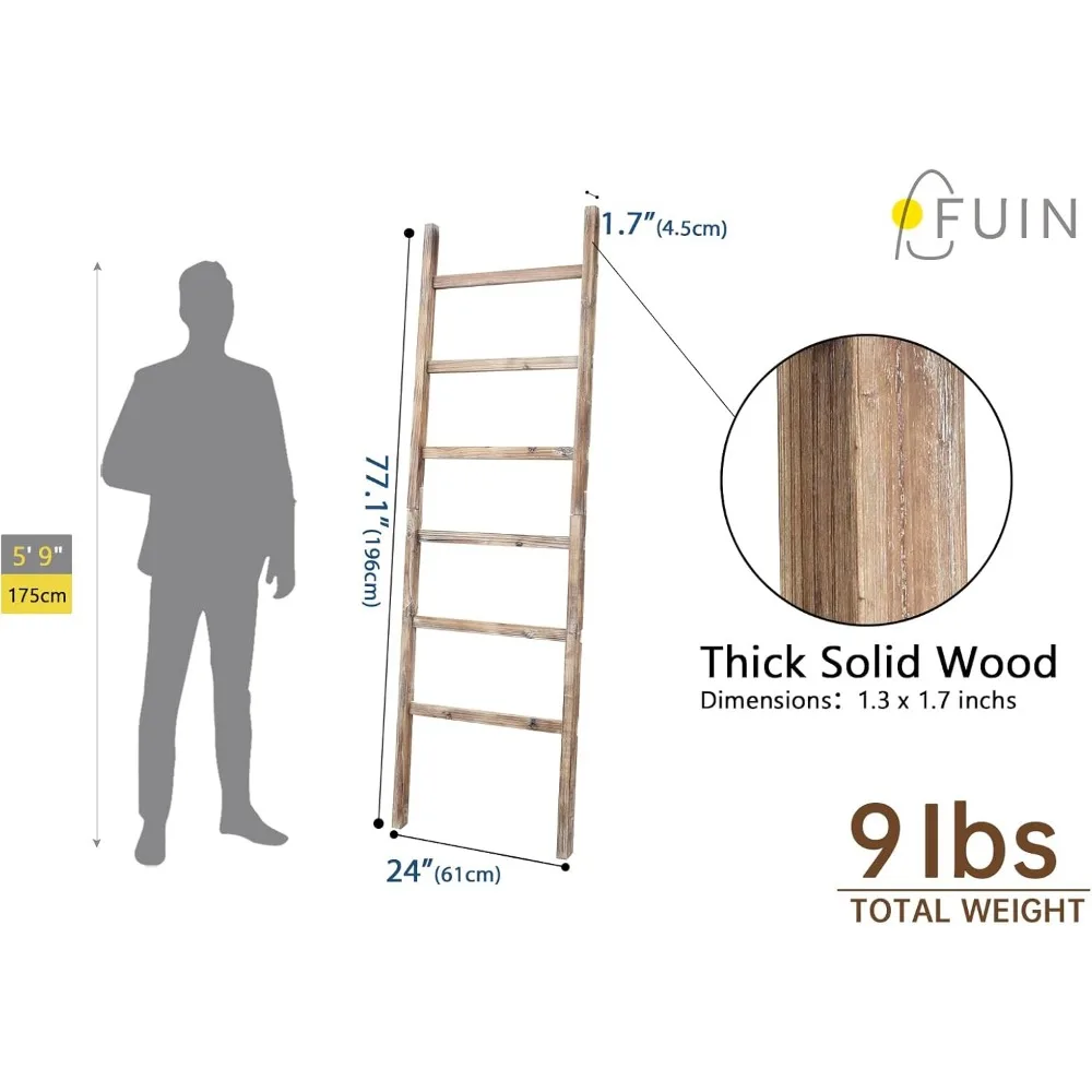 Escalera de manta de madera de 6,4 pies de ancho para sala de estar, exhibición de edredón estilo granja y soporte para toallas de madera rústica