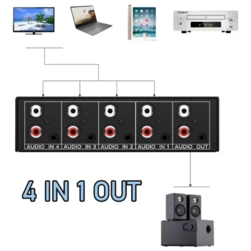 2025 4 In 1 RCA Stereo Audio Switcher Box L/R Channel Audio Selector Splitter For Home Theater Amplifier Speaker CD Player Audio