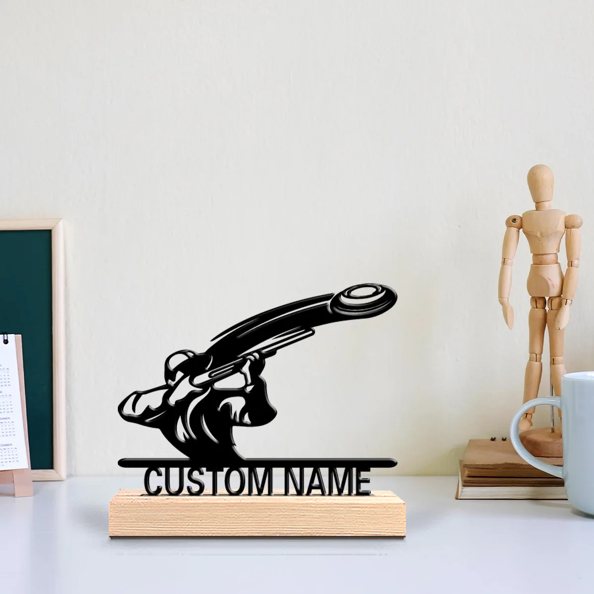 1pc Modern shoot Custom Text Tin Statue Metal Ornament Art Crafts With Wood Base Tin Ornament With Wood BaseFor Home Decor