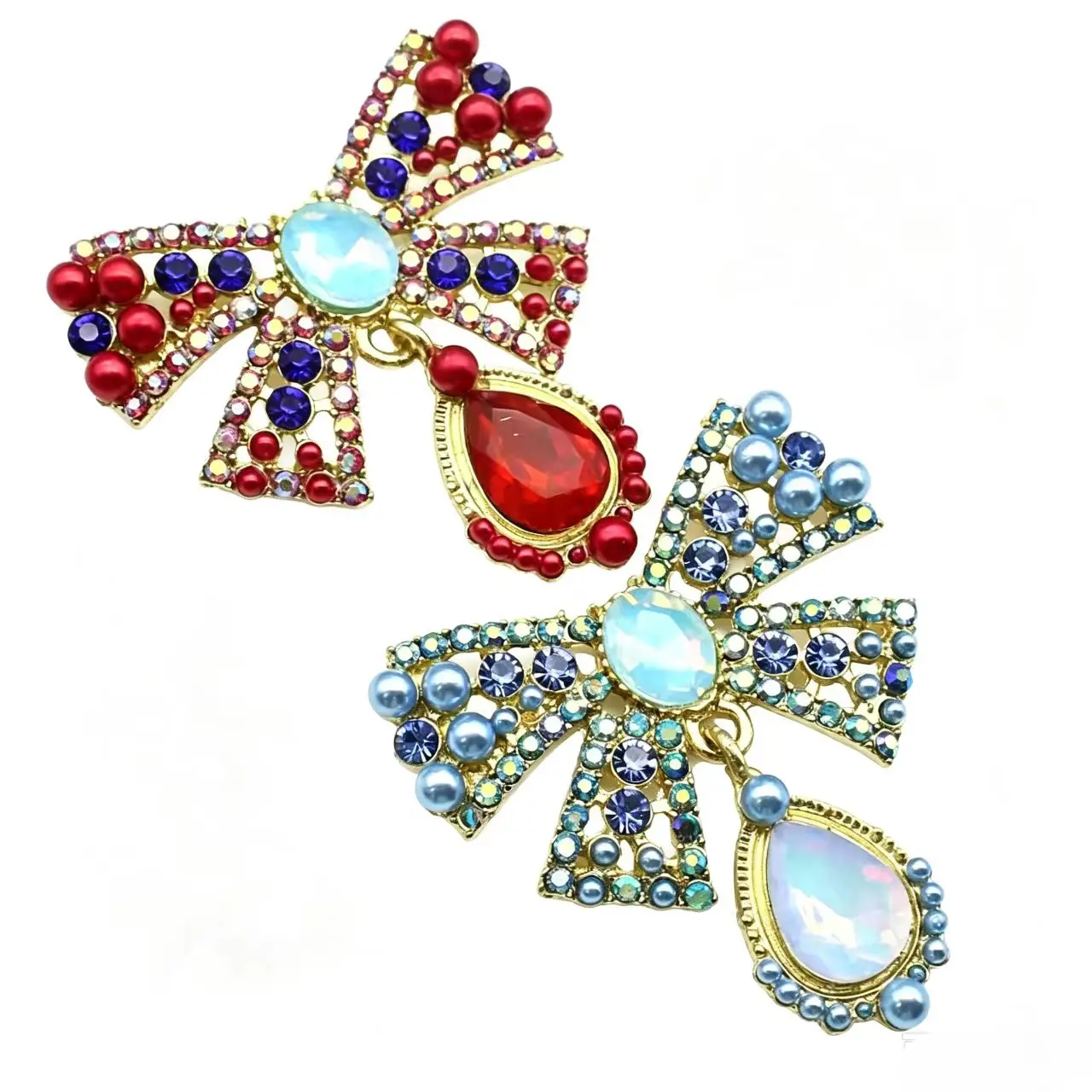 Gold Alloy Bow Crystal Rhinestone Brooch 42×47mm Faux Pearl Bow Decor Patch 2 Pcs/Pack Party Costume Garment Accessories view 4