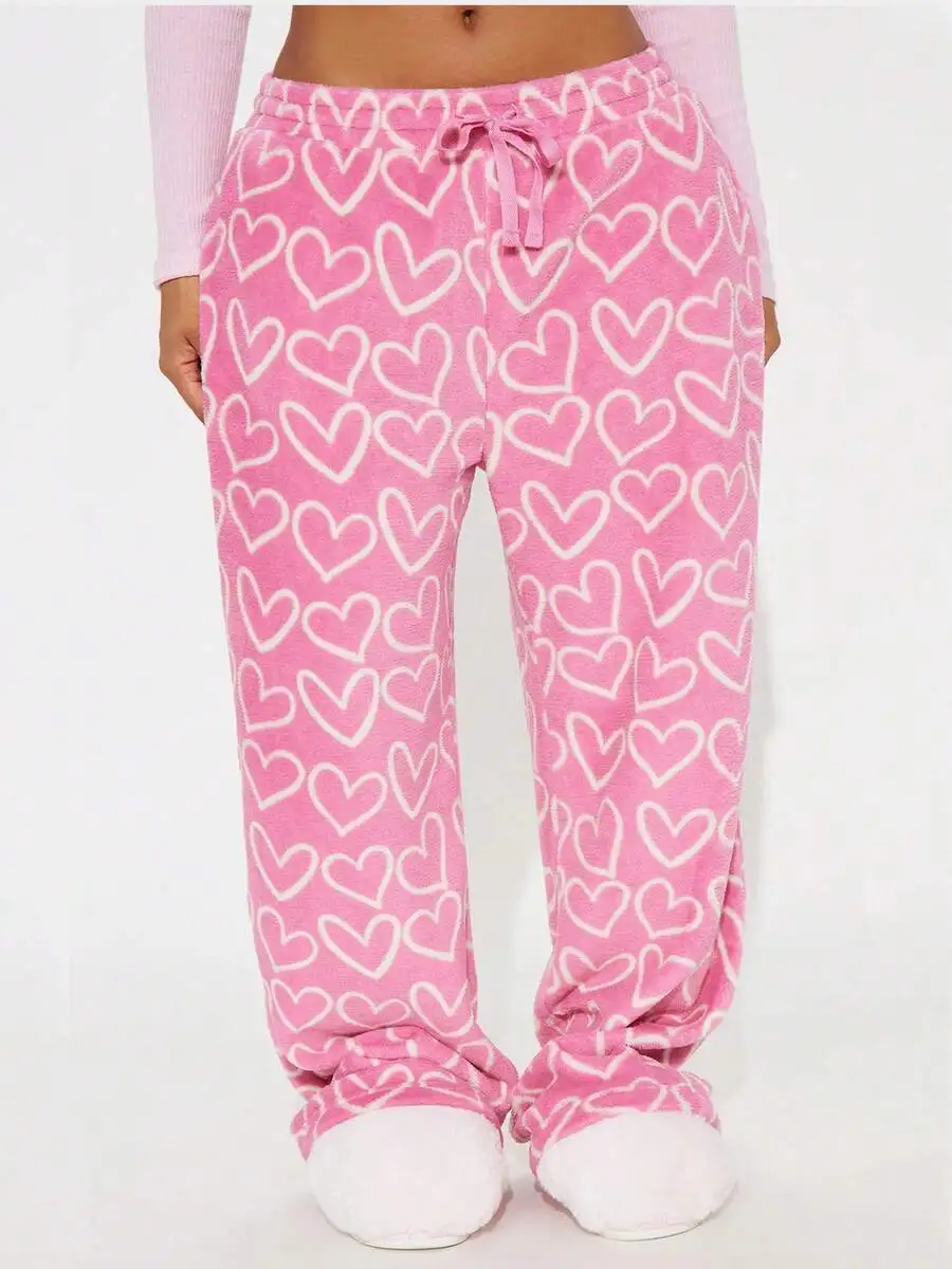 Pink Heart-Print Fuzzy Wide-Leg Lounge Pants With Drawstring Waist For Women Y2K Sleepwear Valentines Day