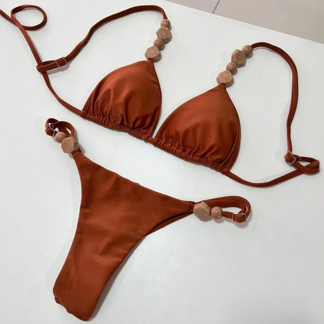 

Купальник-бикини 2026 однотонный с бусинами, женский, с завязками на шее, комплект для пляжа, пляжная одежда, купальный костюм, женский, Trajes De Baño