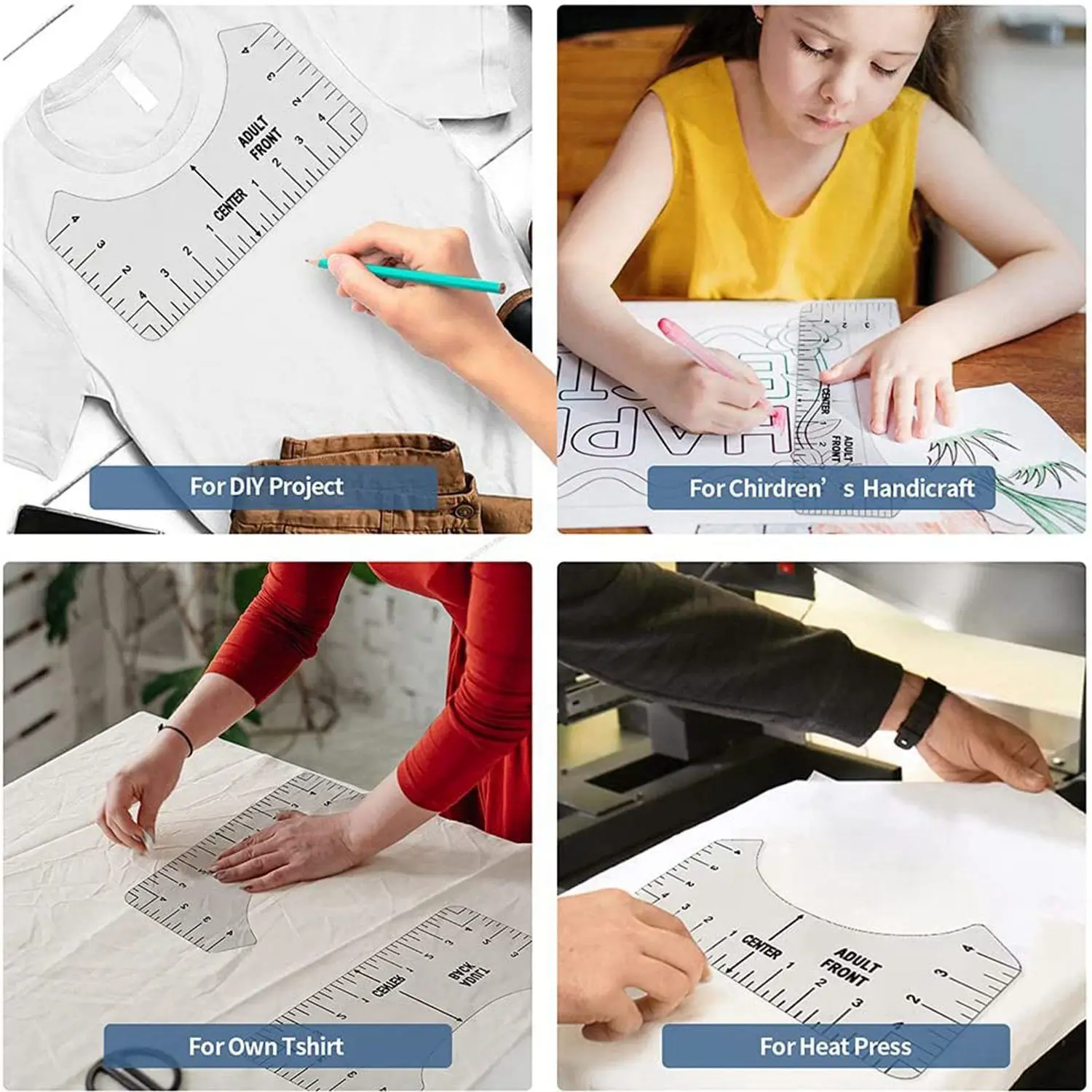 9 buah alat Penyelaras kaus, penggaris panduan kaus untuk merancang pakaian, penggaris kaus PVC belakang dan depan selaras