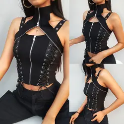 Sexy Lace Up Crop Tank Tops Gothic Punk Zipper Vest T-Shirt Camisole Tops