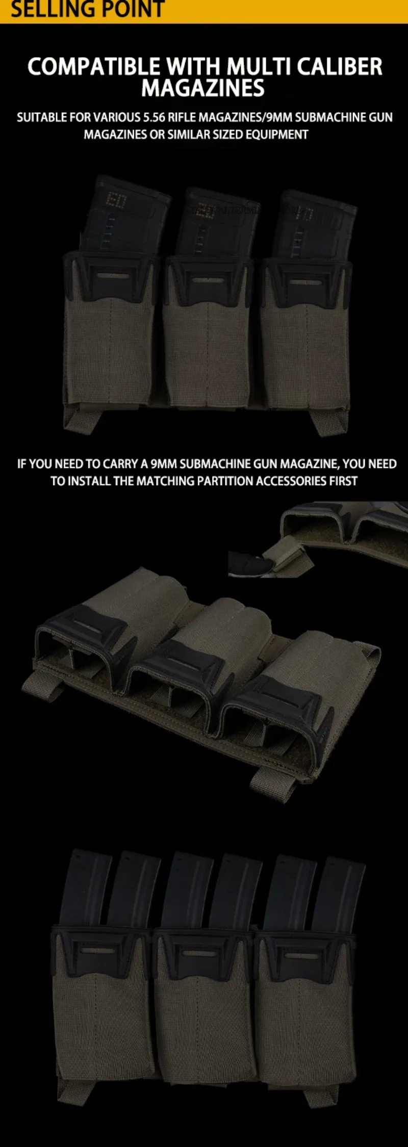 Taktische Plakat Multi-Kaliber Triple Mag Pouch Für 5,56/7,62x39/PCC 9 MM Erweiterte Glock Magazin KZ Jagd Weste Front Panel – Detail 3