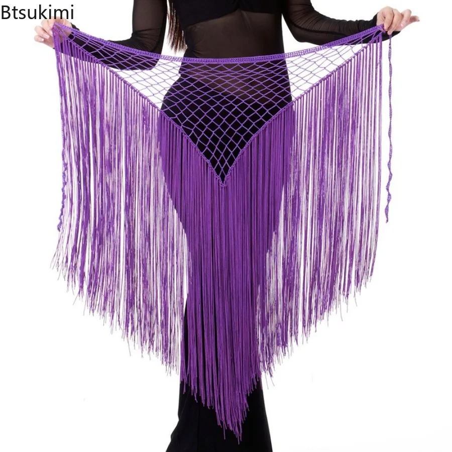 Argentina Style Belly Dance Clothes Accessories Practice Stretchy Long Tassel Triangle Belt Hand Crochet Belly Dance Hip Scarf