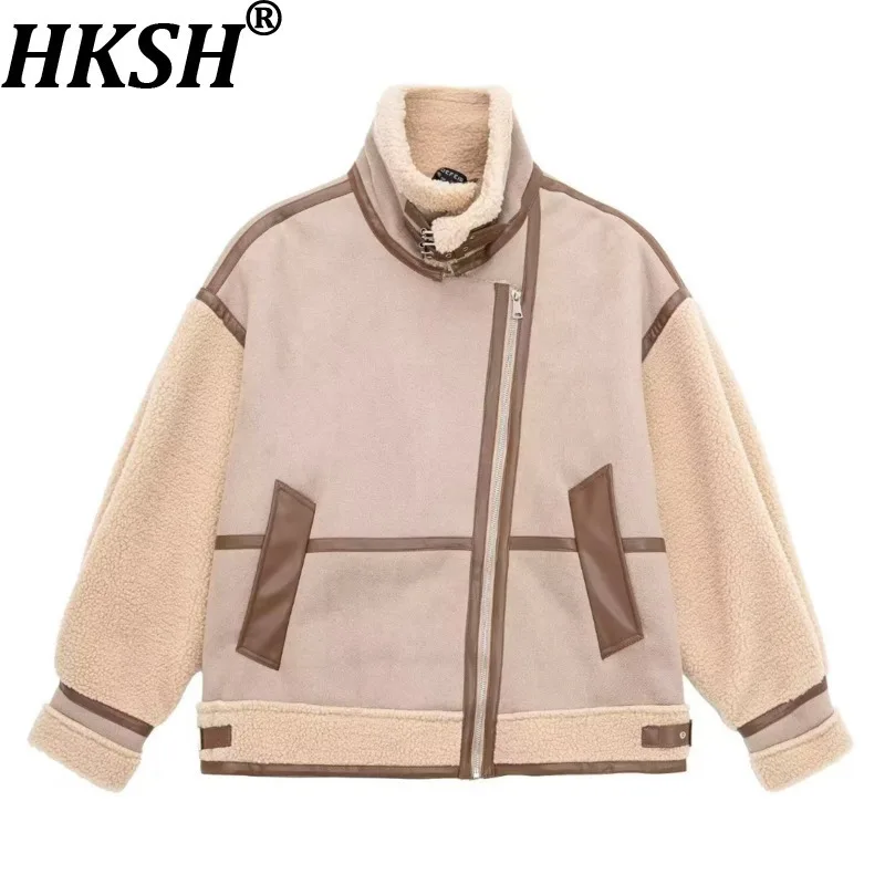 

HKSH Winter New Women's Thicken Jacket Stand Collar Zipper Faux Suede Patchwork Lamb Wool PU Leather Trend Ins Warm Coat HK15811
